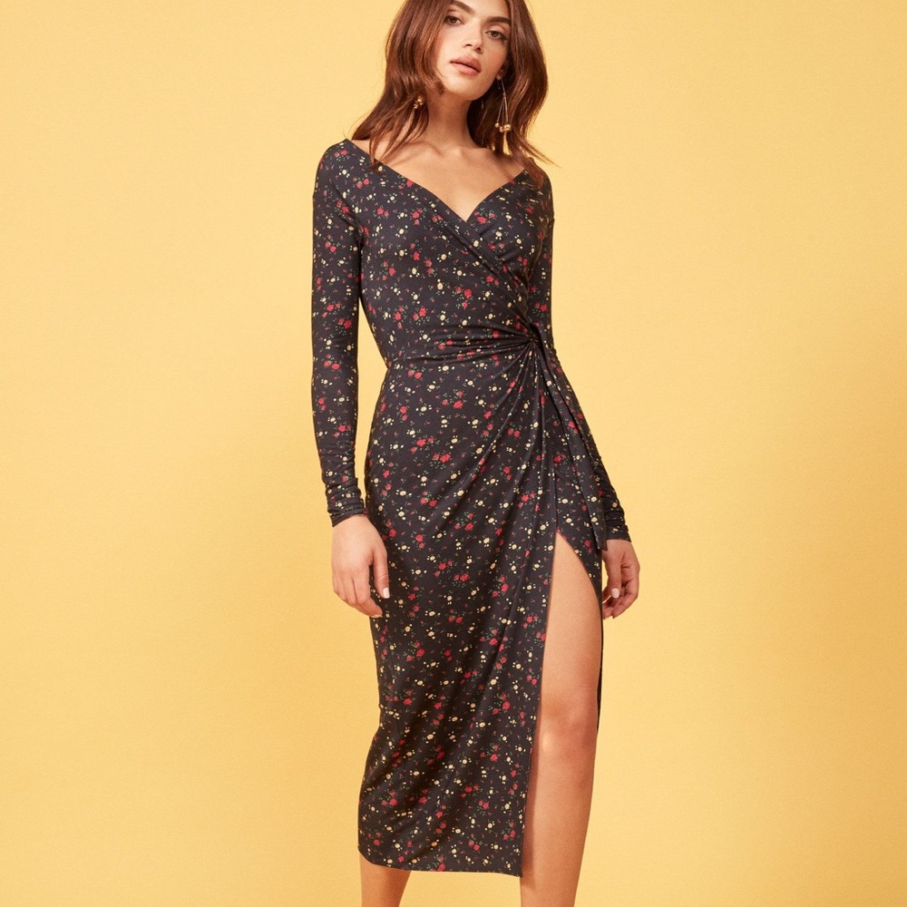 Reformation Navy Floral Wrap Dress Size M